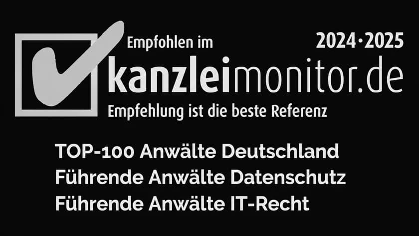 Empfehlung im kanzleimonitor.de 2024/2025: Top-100-Anwälte Deutschland